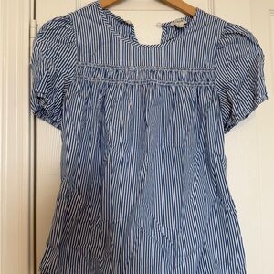 J. Crew Blue and White Striped Smocked Puff Sleeve Top